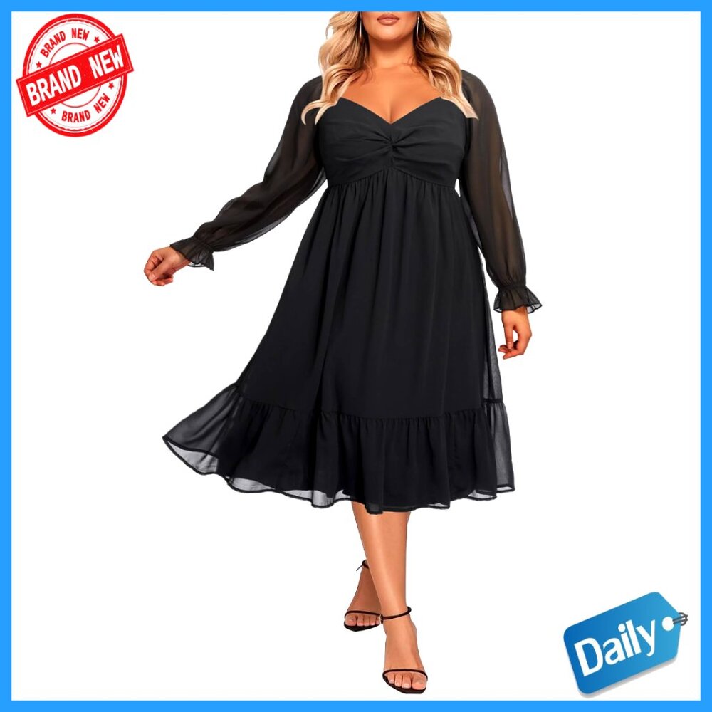 Chiffon Sweetheart Neckline Midi Dress Long Sleeves A-Line Curvy Elegant Party